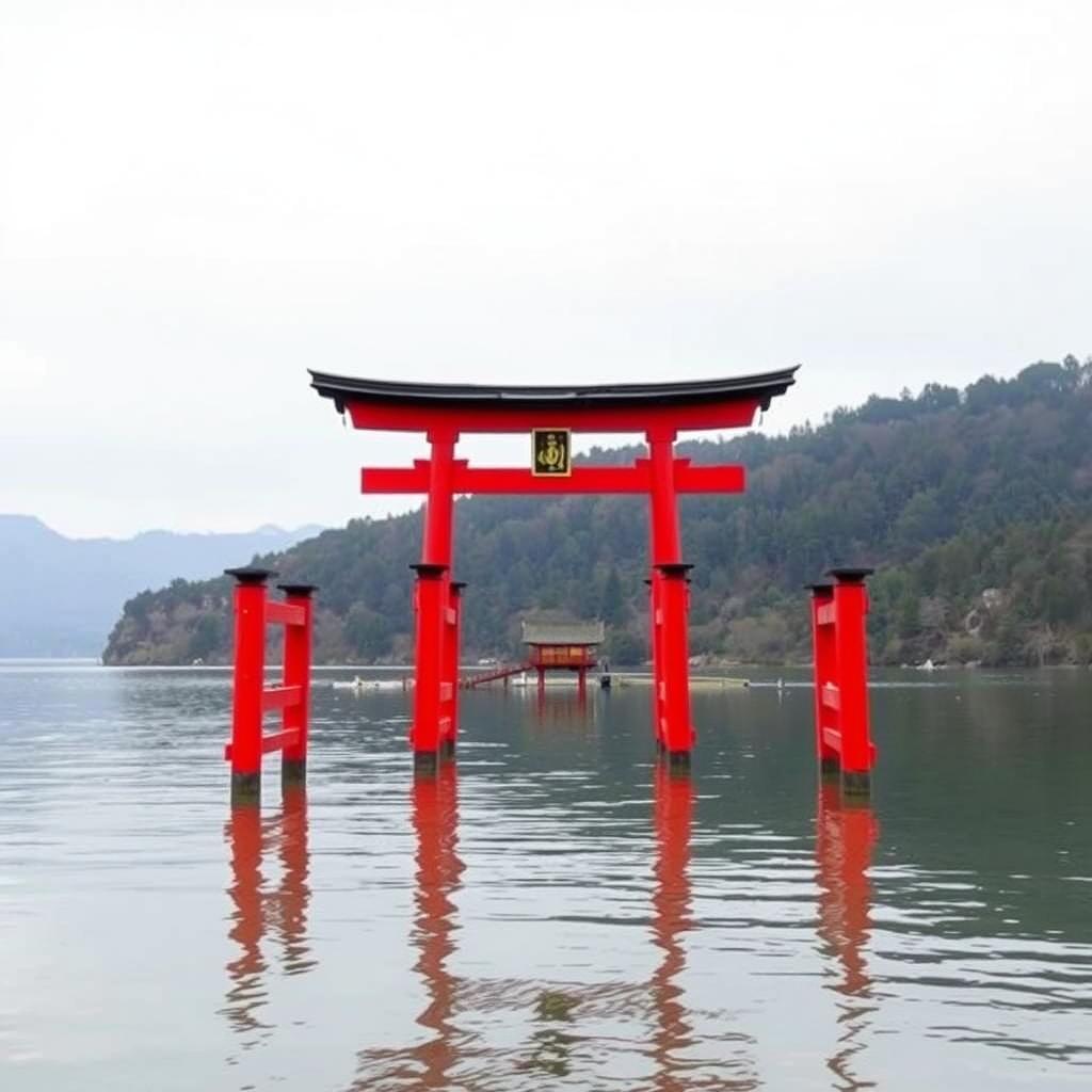 Cổng Torii màu đỏ son nổi bật trên mặt hồ Ashi tại Đền Kuzuryu Jinja Hon-gu, tạo nên một khung cảnh huyền ảo.